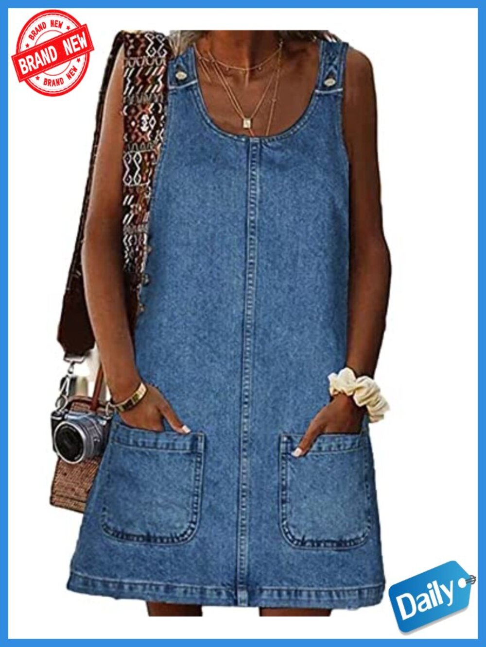 Sleeveless Casual Denim Dress Western Jean Overall Dress Crewneck Vintage Loose